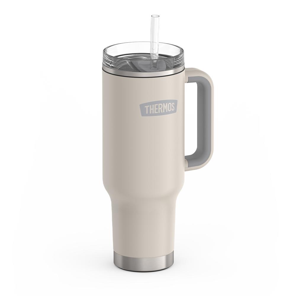 Thermos 40 ounce stainless steel cup holder mug with straw.