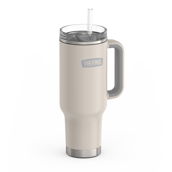 Thermos 40 ounce stainless steel cup holder mug with straw.