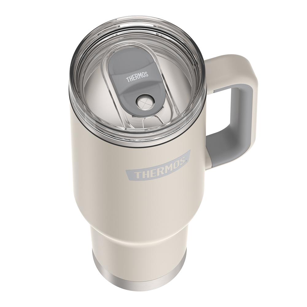 Thermos 40 ounce stainless steel cup holder mug with straw.