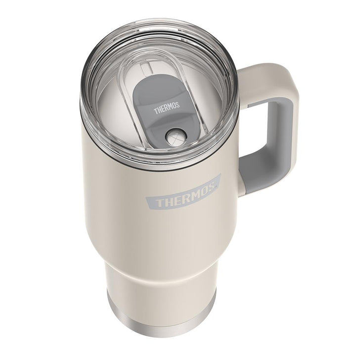 Thermos 40 ounce stainless steel cup holder mug with straw.