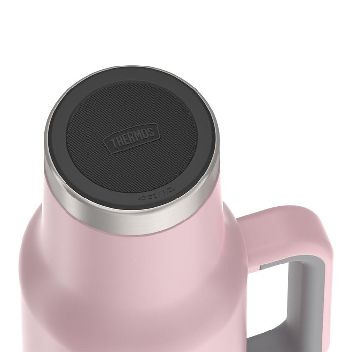 Thermos 40 ounce stainless steel cup holder mug with straw.