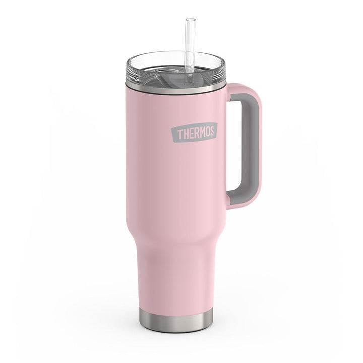 Thermos 40 ounce stainless steel cup holder mug with straw.