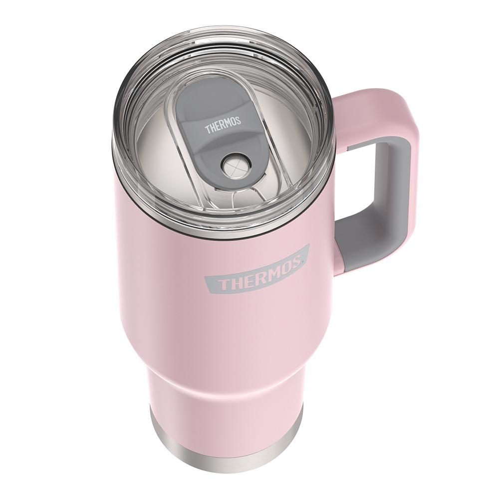 Thermos 40 ounce stainless steel cup holder mug with straw.