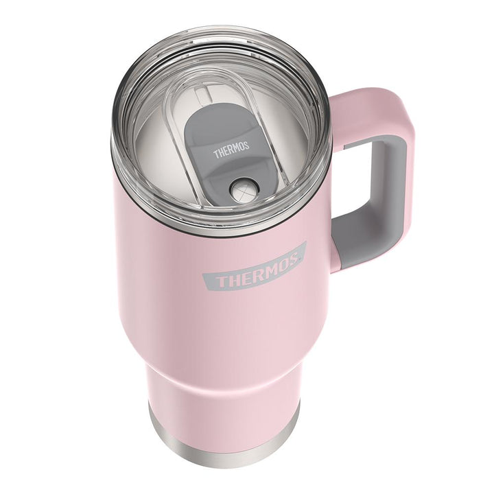 Thermos 40 ounce stainless steel cup holder mug with straw.