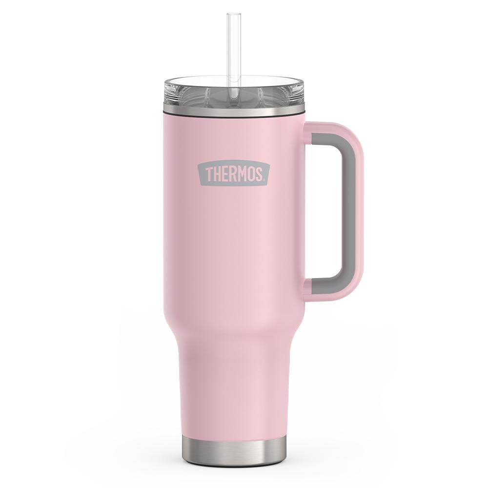 Thermos 40 ounce stainless steel cup holder mug with straw.