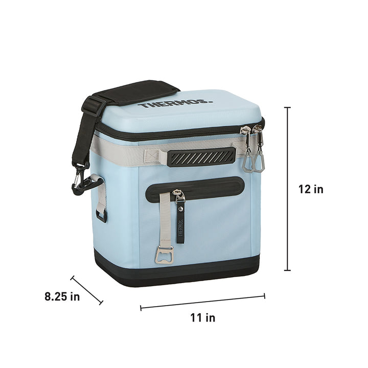 12 Can Icon Cooler, front view, in Glacier. 12 inches tall, 11 inches wide at base, 8.25 inches deep from front to back. 
