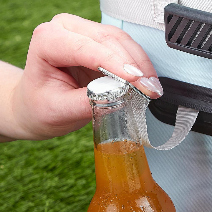 12 Can Icon Cooler, bottle opener opening a bottle. 