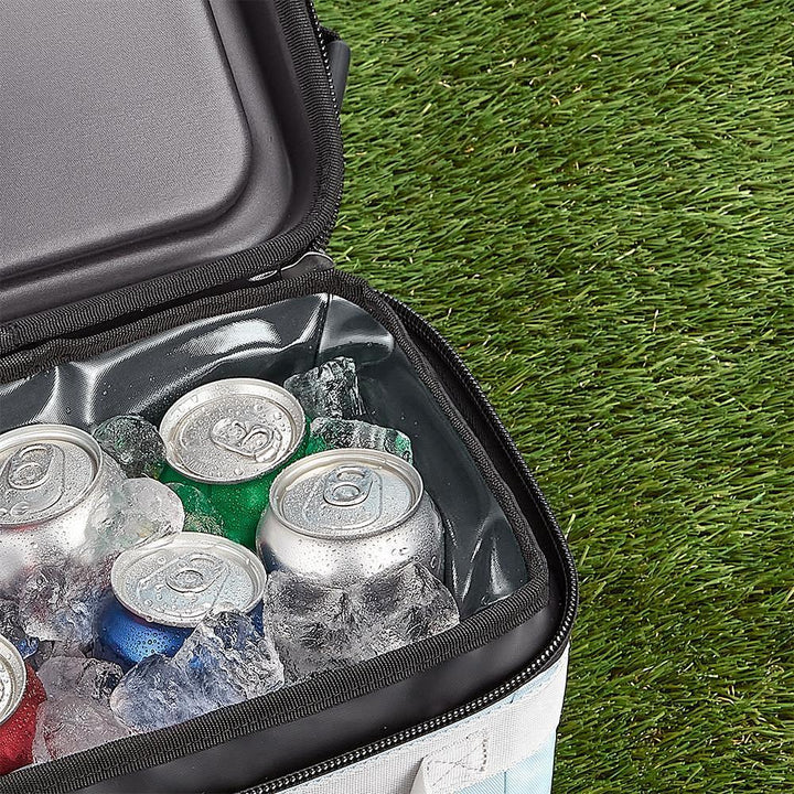 12 Can Icon Cooler, open and filled with ice and soda cans, in Glacier.