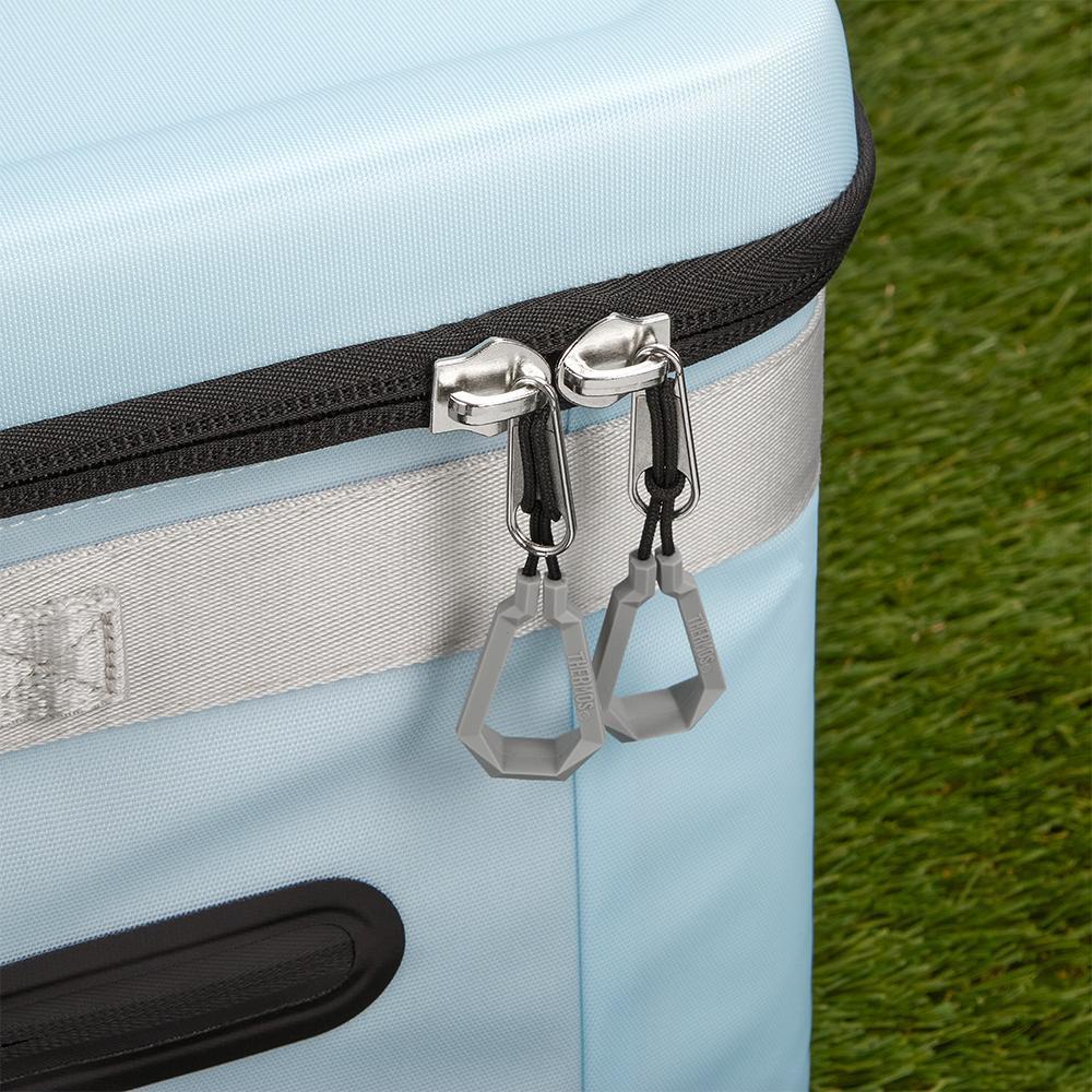 12 Can Icon Cooler, detail view of zippers, in Glacier.