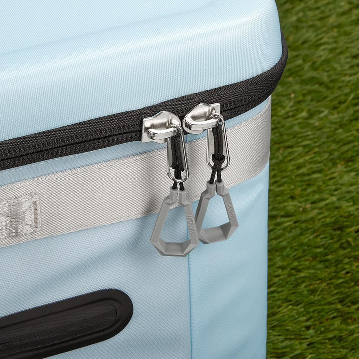 12 Can Icon Cooler, detail view of zippers, in Glacier.