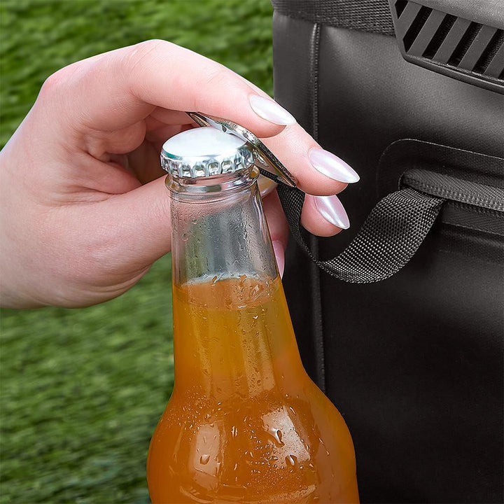 12 Can Icon Cooler, bottle opener opening a bottle. 