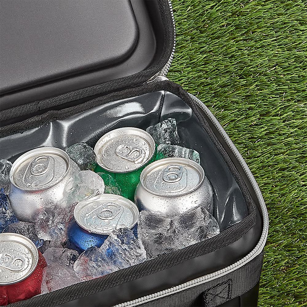 12 Can Icon Cooler, open and filled with ice and soda cans, in Granite.