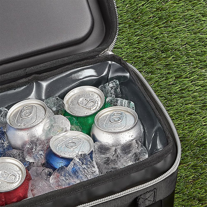 12 Can Icon Cooler, open and filled with ice and soda cans, in Granite.