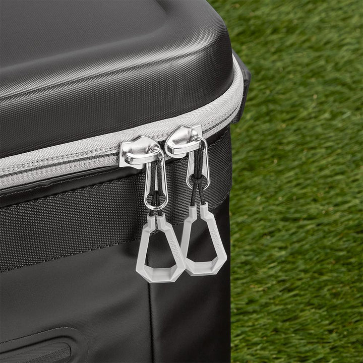 12 Can Icon Cooler, detail view of zippers, in Granite.