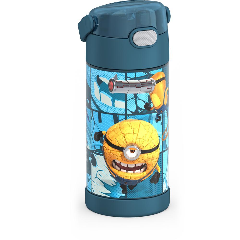 12 ounce Funtainer water bottle, Despicable Me 4 Movie, side view, handle down.