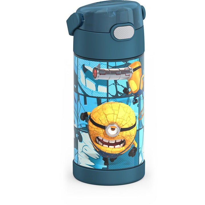 12 ounce Funtainer water bottle, Despicable Me 4 Movie, side view, handle down.