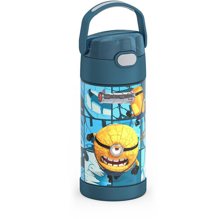 12 ounce Funtainer water bottle, side view, handle up, Despicable Me 4 Movie.