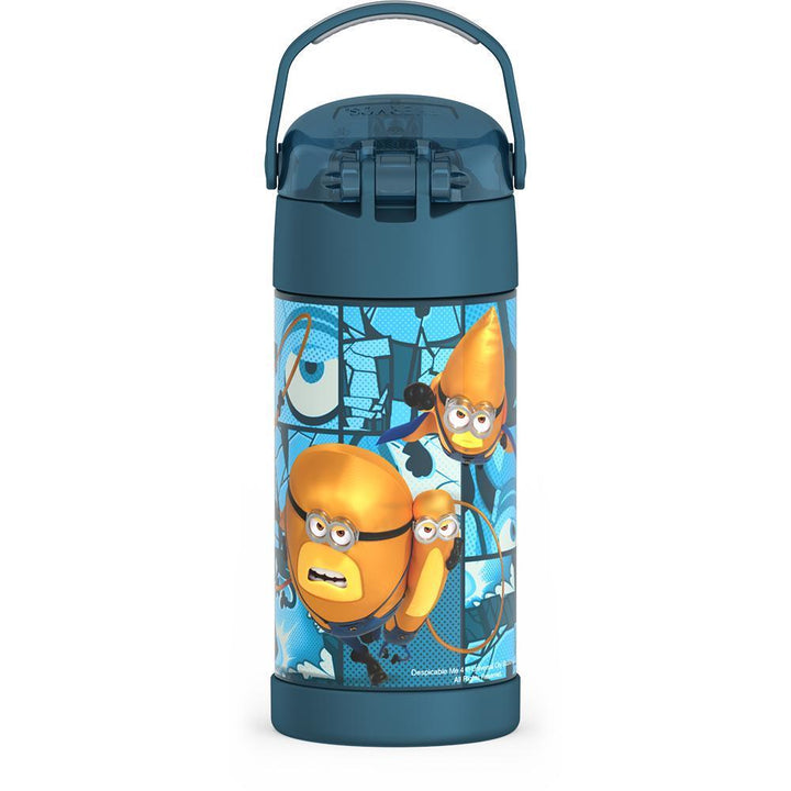 12 ounce Funtainer water bottle, back view, handle up, Despicable Me 4 Movie.