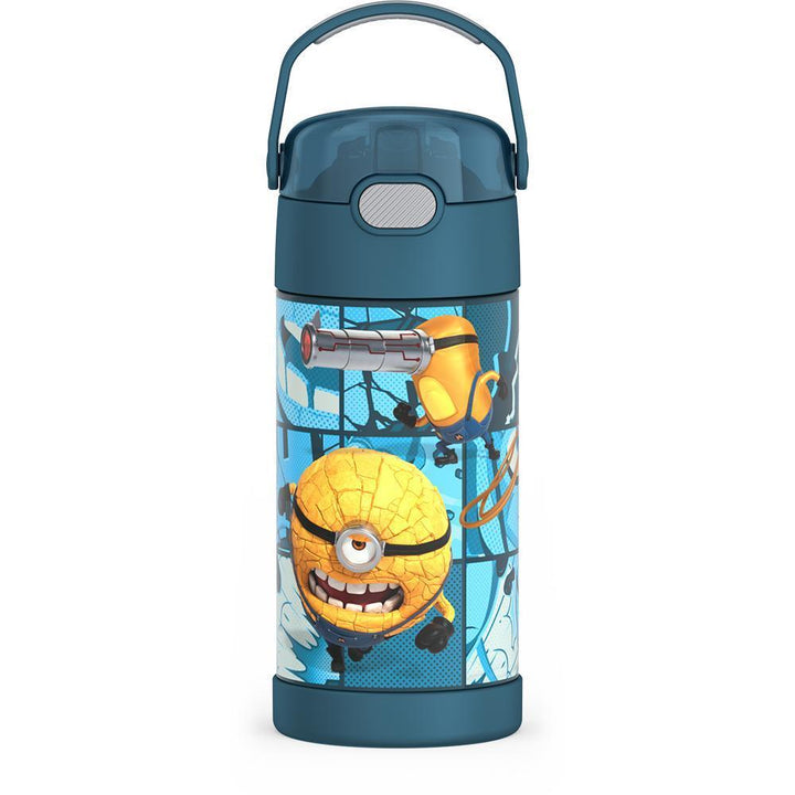 12 ounce Funtainer water bottle, Despicable Me 4 Movie, front view, handle up.