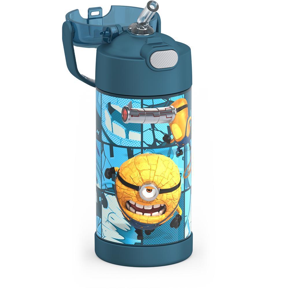 12 ounce Funtainer water bottle, Despicable Me 4 Movie, straw inset.