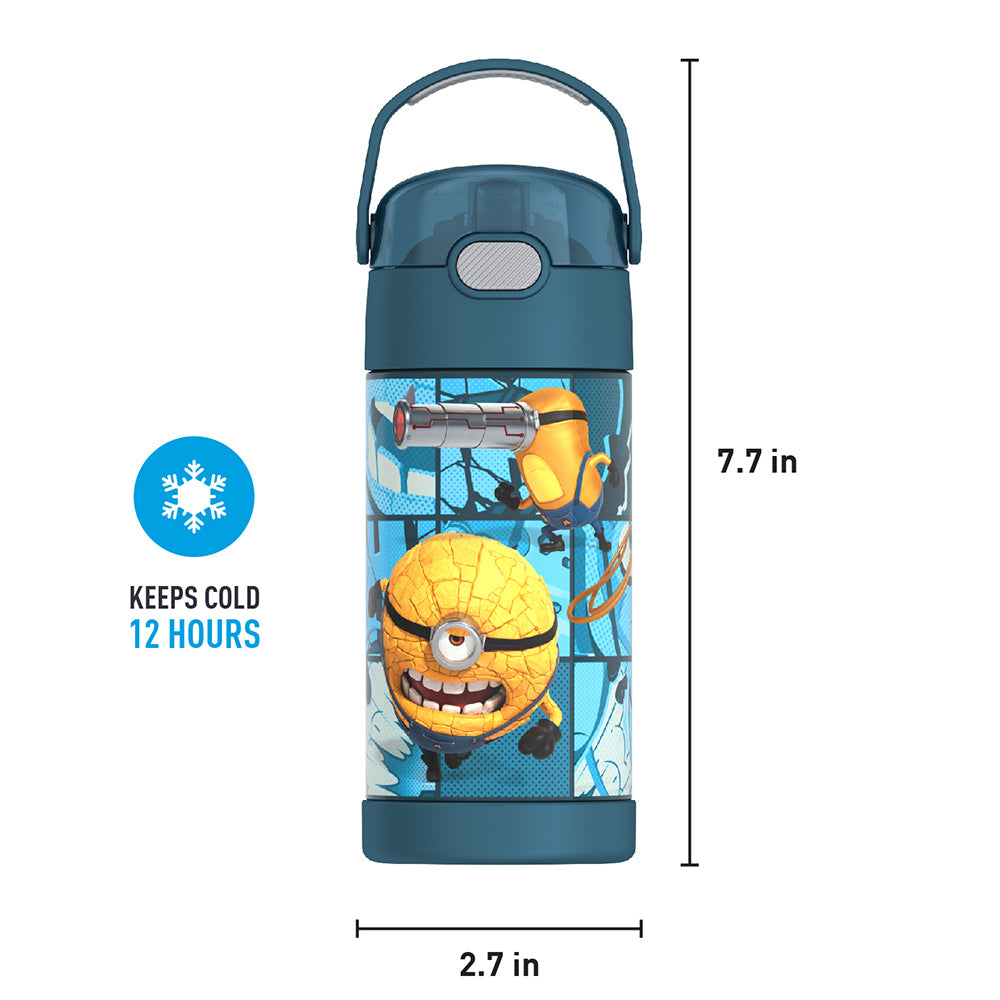 12 ounce Funtainer water bottle, Despicable Me 4 Movie, front view with handle up. 7.7 inches tall, 2.7 inches wide at base. Keeps Cold 12 Hours.