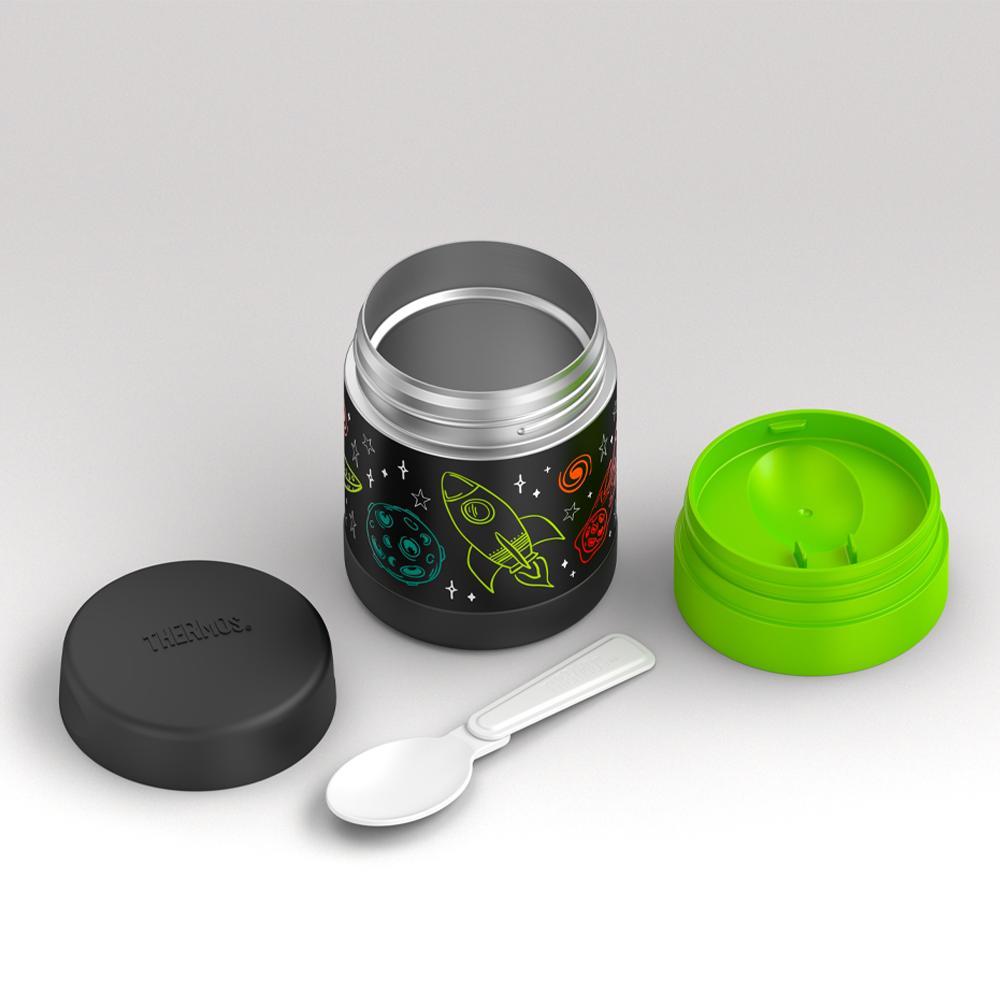 10 ounce Funtainer food jar, unassembled and spoon unfolded, Space.