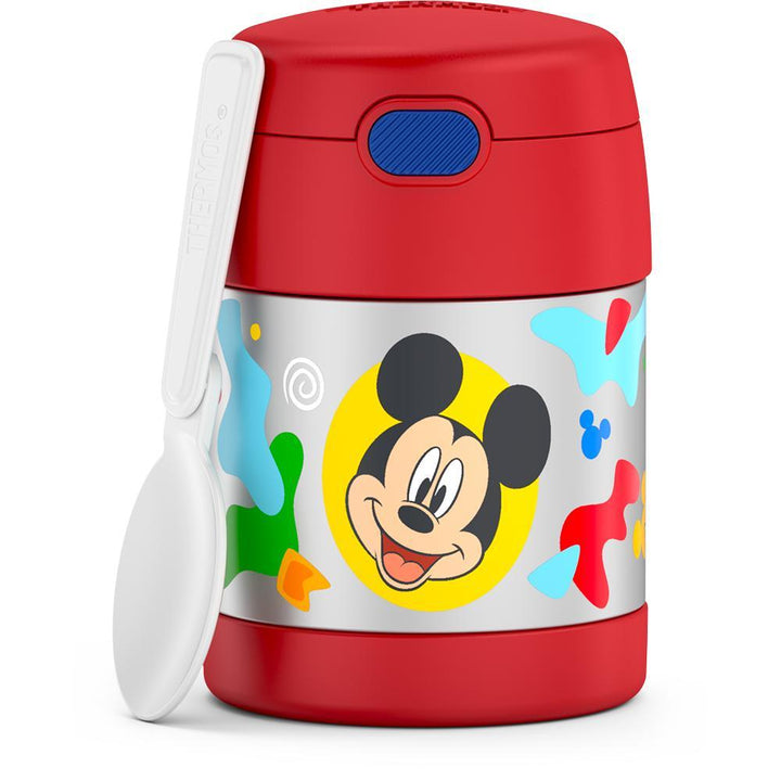 10 ounce Funtainer food jar, Mickey Mouse with spoon unfolded and resting on jar.