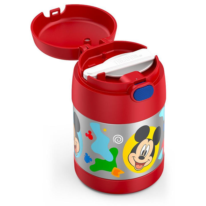 10 ounce Funtainer food jar, Mickey Mouse side view with lid open to show folded spoon in spoon compartment.