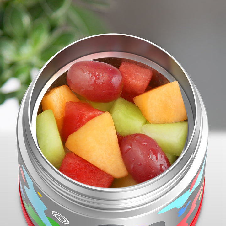 10 ounce Funtainer food jar, open with assorted fruit inside.