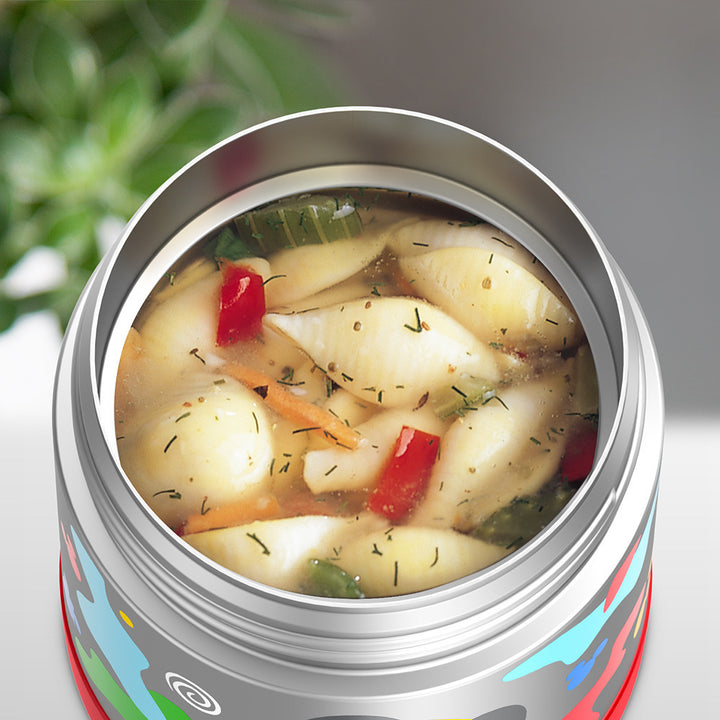 10 ounce Funtainer food jar, open with noodle soup inside.