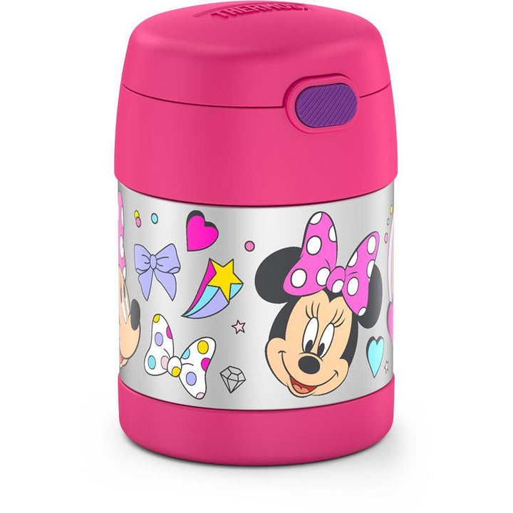 10 ounce Funtainer food jar, Minnie Mouse side view featuring Minnie Mouse smiling surrounded by hearts, rainbows, and bows.