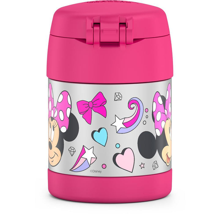 10 ounce Funtainer food jar, Minnie Mouse back view featuring bows, diamonds, and hearts.