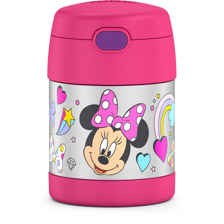 10 ounce Funtainer food jar, Minnie Mouse front view featuring Minnie Mouse smiling surrounded by hearts, rainbows, and bows.
