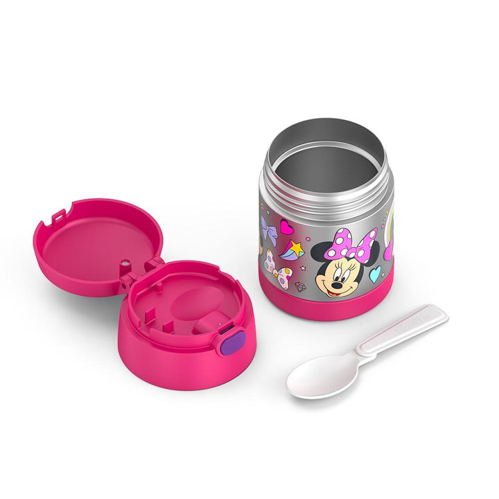 10 ounce Funtainer food jar, Minnie Mouse disassembled with lid open, but empty to show spoon compartment and spoon next to jar, unfolded.