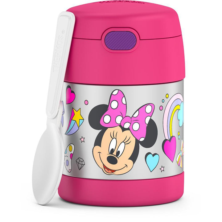 10 ounce Funtainer food jar, Minnie Mouse with unfolded spoon leaning against the jar.