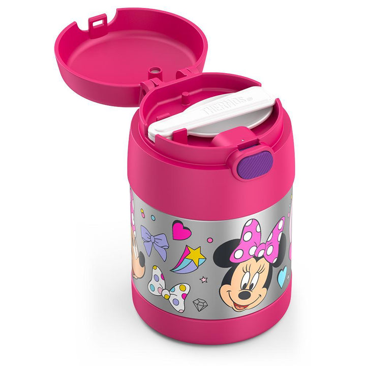 10 ounce Funtainer food jar, featuring smiling Minnie Mouse, the lid is open to show folded spoon compartment. 