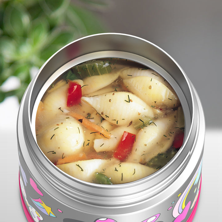 10 ounce Funtainer food jar, open with noodle soup inside.