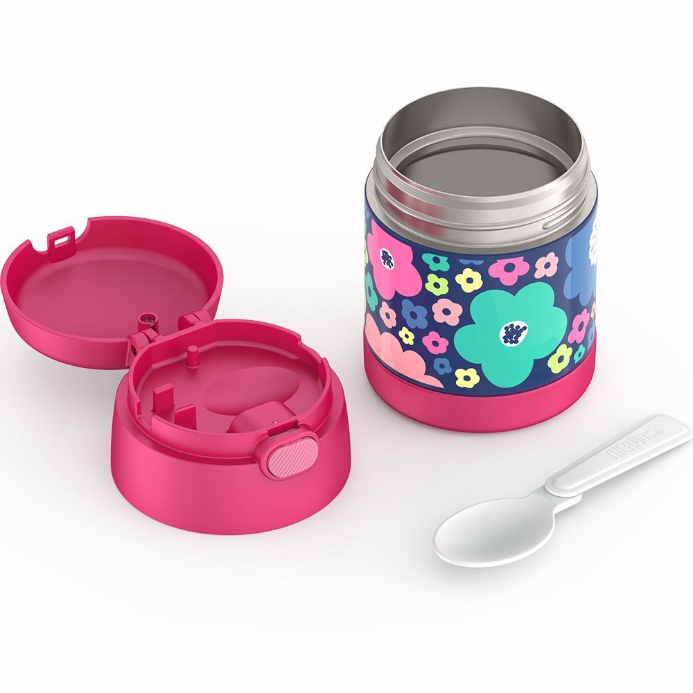 10 ounce Funtainer food jar, unassembled and spoon unfolded, mod flowers theme.