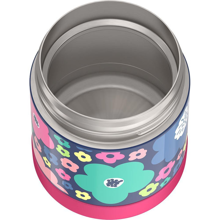 10 ounce Funtainer food jar, lid off and empty food jar, mod flowers theme.