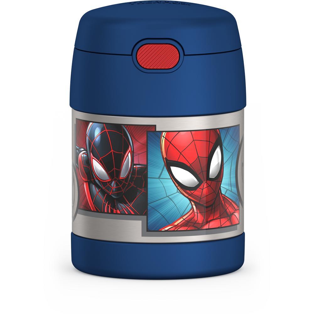 10 ounce Funtainer food jar, Spider-Man front view of button for spoon compartment.