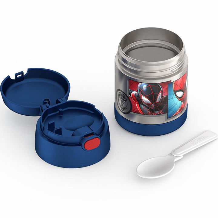 10 ounce Funtainer food jar, Spider-Man disassembled with lid open, but empty to show spoon compartment and spoon next to jar, unfolded.