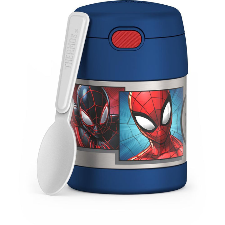 10 ounce Funtainer food jar, Spider-Man with spoon unfolded and resting on jar.