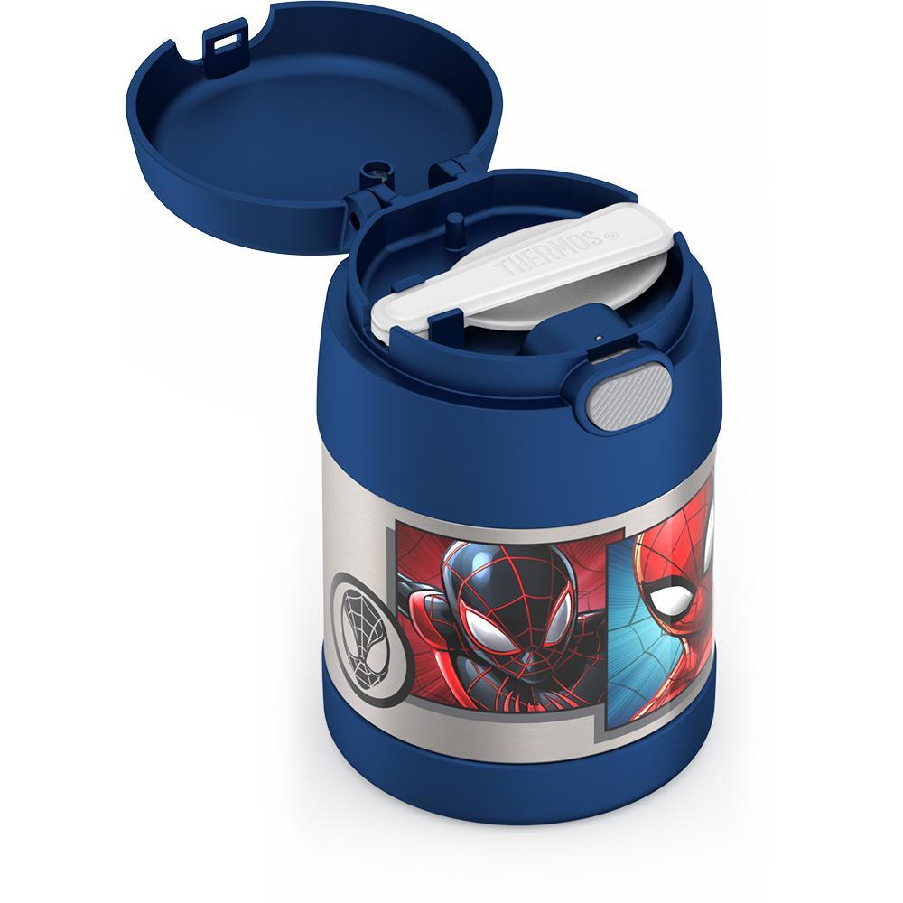 10 ounce Funtainer food jar, Spider-Man side view with lid open to show folded spoon in spoon compartment.