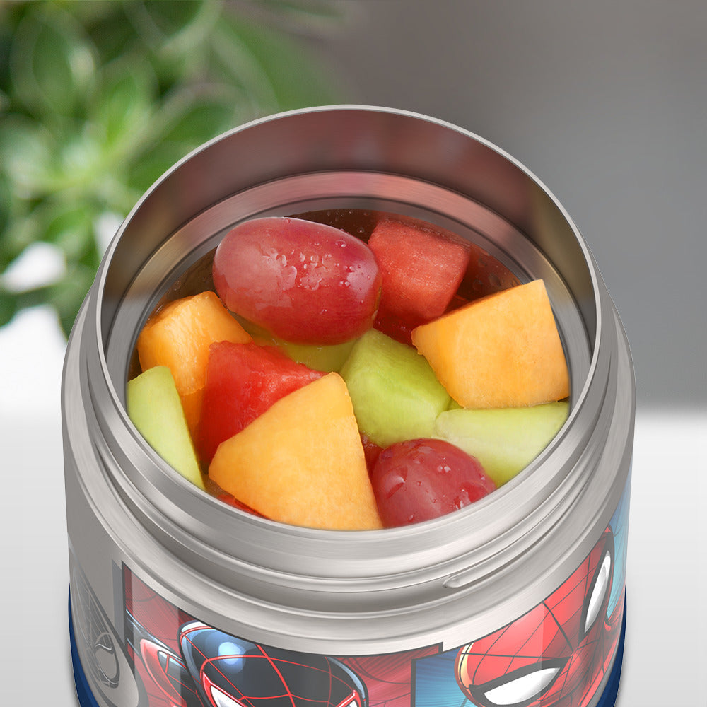 10 ounce Funtainer food jar, open with assorted fruit inside.