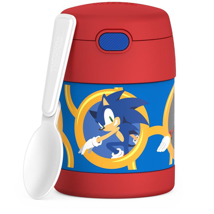 10 ounce, Funtainer food jar, front view with unfolded spoon, Sonic the Hedgehog.