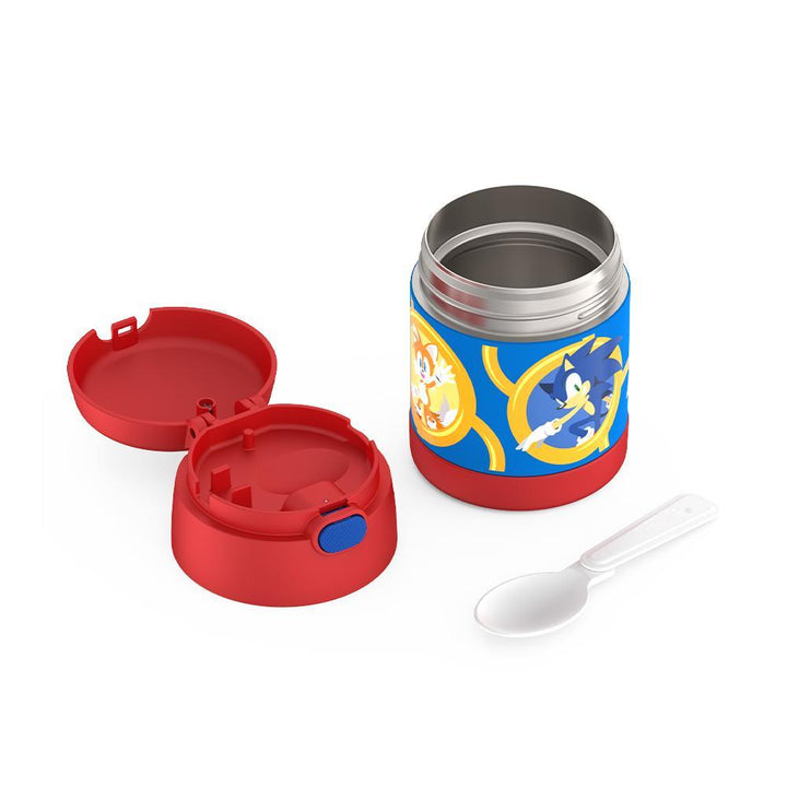 10 ounce Funtainer food jar, unassembled and spoon unfolded, Sonic the Hedgehog.