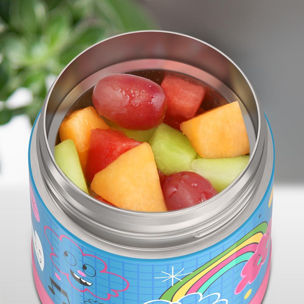 10 ounce Funtainer food jar, Sketchbook theme with assorted fruit inside.