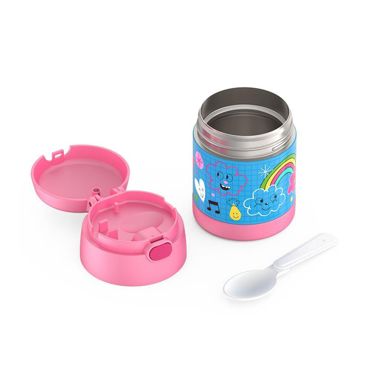 10 ounce Funtainer food jar, Sketchbook theme disassembled with lid open to show spoon compartment and spoon is out and unfolded