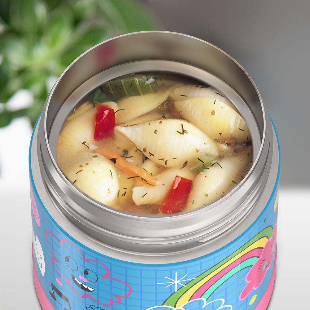 10 ounce Funtainer food jar, Sketchbook theme with noodle soup inside.