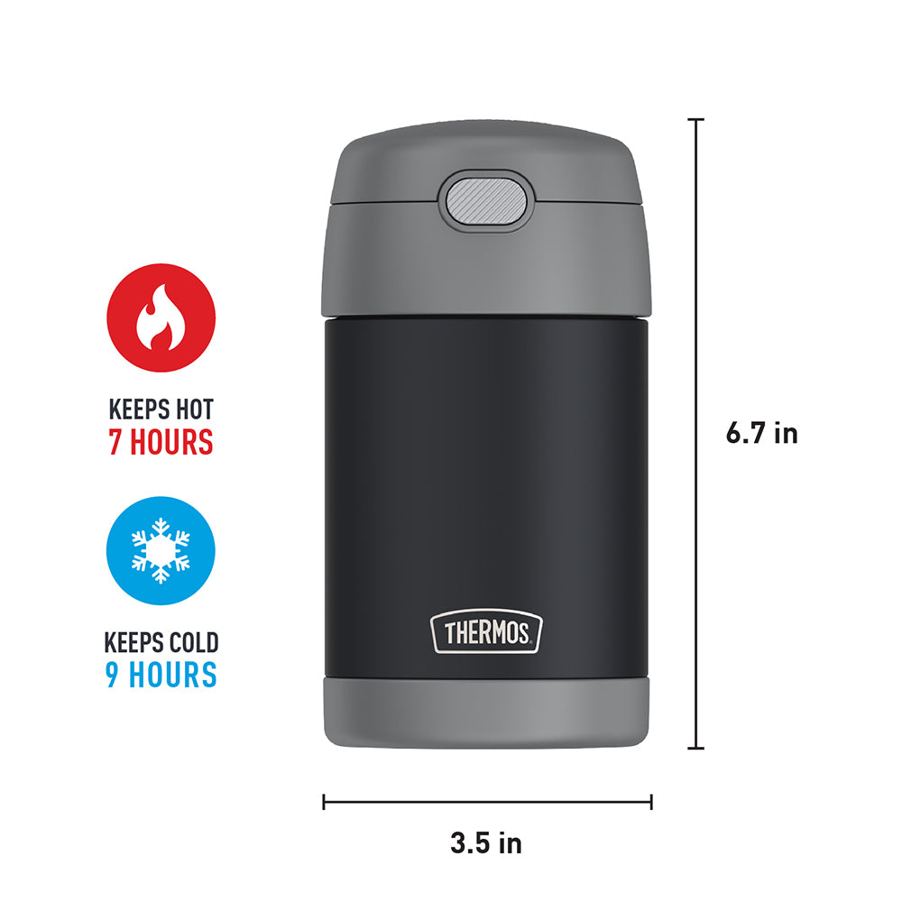 16 ounce Funtainer Kids Food Jar, front view, Charcoal. 6.7 inches high, 3.5 inches wide at the base. Keeps Hot 7 Hours, Keeps Cold 9 Hours.